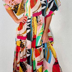 Printed Square Neck Short Sleeve Midi Dress
